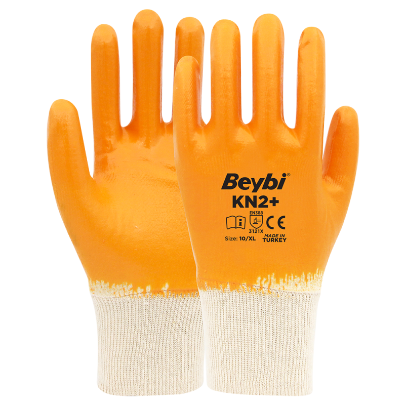 Beybi KN2+ Yüksek Performanslı Tam Nitril Kaplı Pamuk Eldiven Sarı No 10