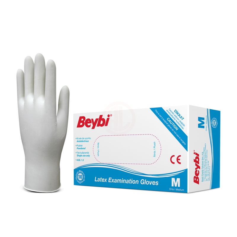 Beybi Latex Muayene Eldiveni Pudralı Beyaz L Beden (100 Lü)