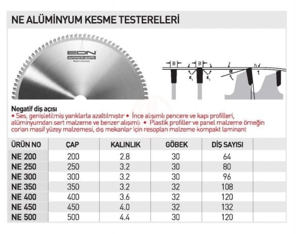Edn NE 200 ALÜMİNYUM KESME TESTERE 200 MM 64 DİŞ - EDNNE20064AL