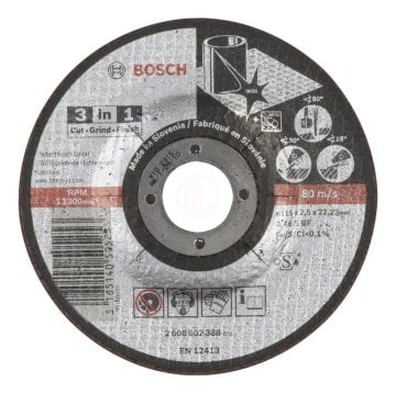 Bosch Paslanmaz Çelik Kesme ve Taşlama Diski 3 İn 1 Bombeli 115x22,23x2,5 mm - 2608602388