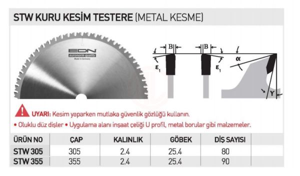 Edn STW305 KURU KESİM TESTERE 305 MM 80 DİŞ - EDNSTW30580