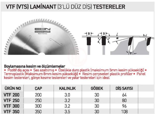 Edn VTF 300 LAMİNANT 3 LÜ DÜZ DİŞ TESTERE 300 MM - EDNVTF30096