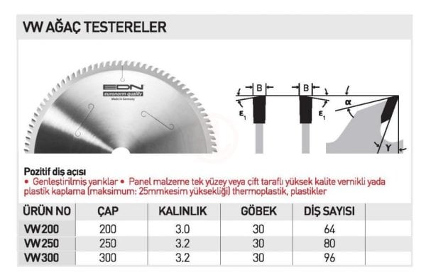 Edn VW 200 AĞAÇ TESTERE 200 MM 64 DİŞ - EDNVW20064