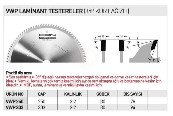 Edn VWP 300 LAMİNANT TESTERE KURT AĞIZLI 300 MM - EDNVWP30094