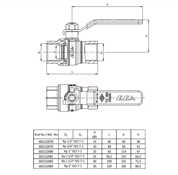 Eca İÇME SUYU KÜRESEL VALFİ TAM GEÇİŞ RP 1 1/2 - 602122183