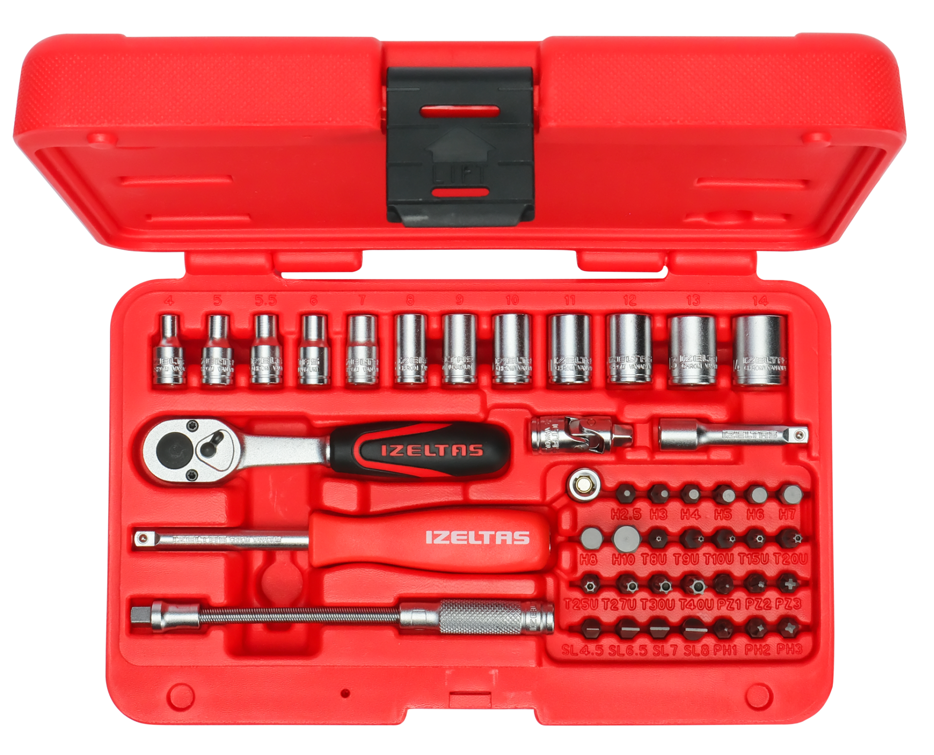 İzeltaş 1/4 İnç Altı Köşe Lokma Anahtar Ve Bits Set 45 Parça