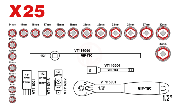 Vip-Tec Lokma Anahtar Takımı 1/2 İnç Metal Kutu 25 Parça - VT114121