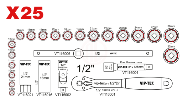 Vip-Tec Oniki Köşe Yıldız Lokma Anahtar Takımı 1/2 İnç 25 Parça Metal Kutu - VT114125