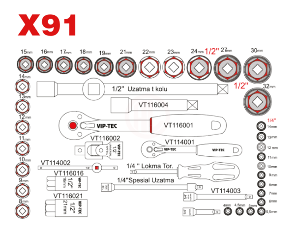 Vip-Tec Detaylı Lokma Takımı 1/2 İnç - 1/4 İnç 89 Parça - VT114189