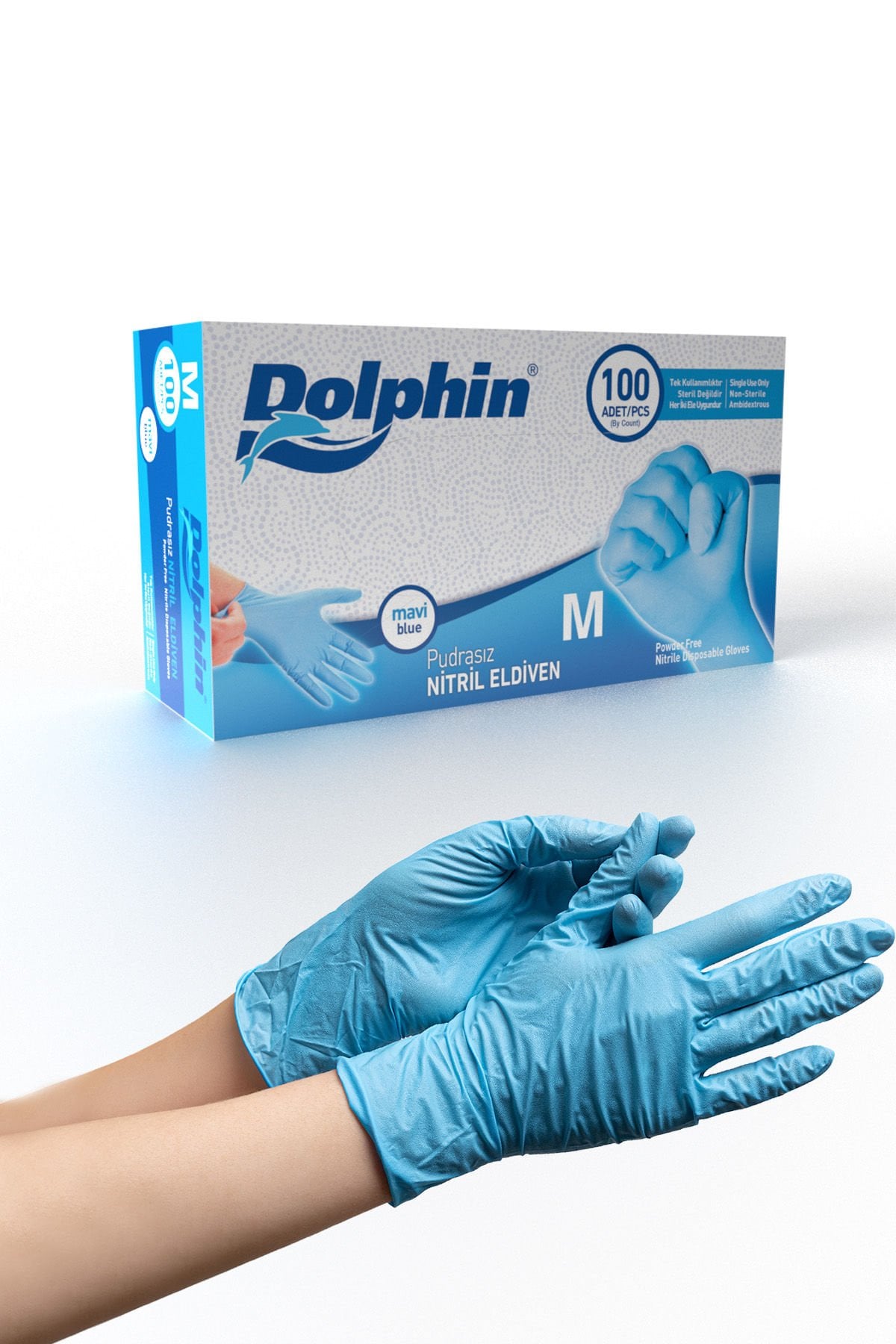 Dolphin Mavi Nitril Eldiven Pudrasız M (1 Paket/100 Adet)