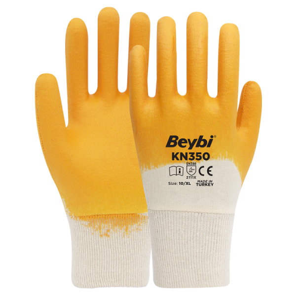 Beybi KN350 3/4 Nitril Kaplı Pamuk Eldiven Sarı No 9