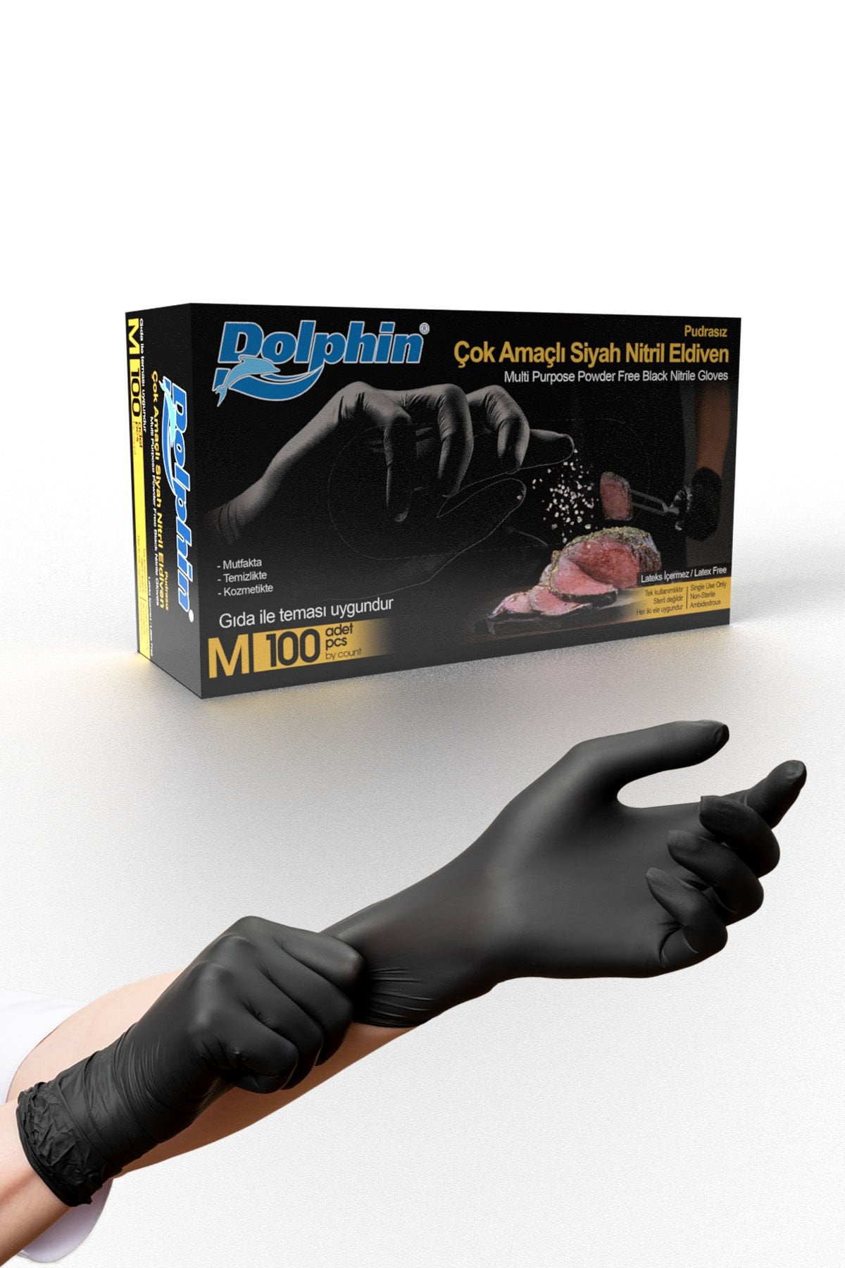 Dolphin Çok Amaçlı Siyah Nitril Eldiven M (1 Paket/100 Adet)