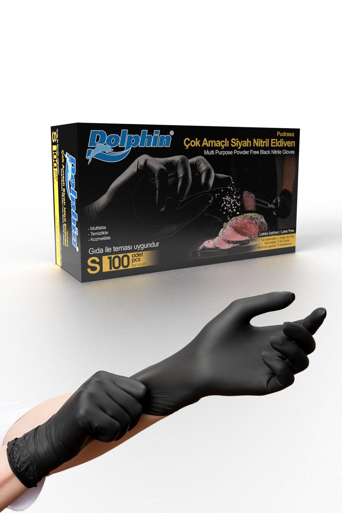 Dolphin Çok Amaçlı Siyah Nitril Eldiven S (1 Paket/100 Adet)