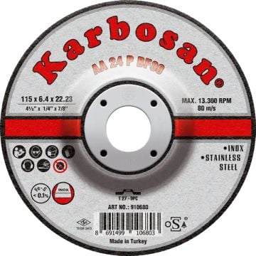 Karbosan Paslanmaz Çelik (Inox) Taşlama Disk T27 Bombeli 125x6,4x22,23 mm AA 24 P BF80 - KAR910690