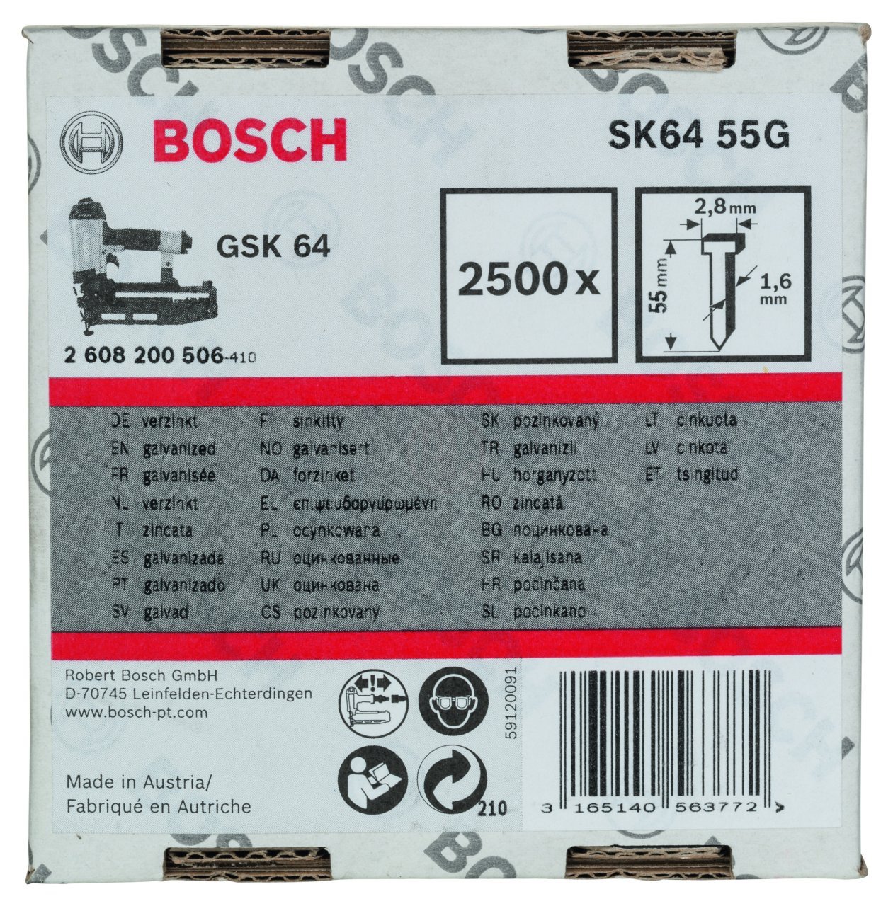 Bosch Havşa Başlı Matris Çivisi 55 Mm 2500 Lü Galvanizli Gsk 64 İçin - 2608200506