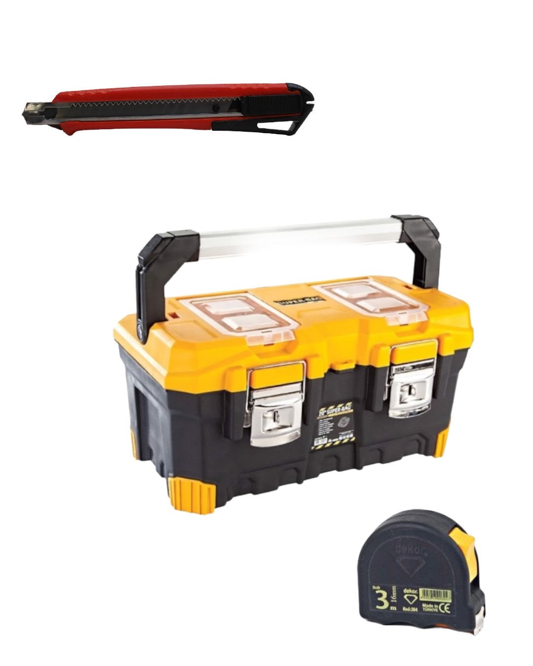 Asrın Alüminyum Seri Saplı Takım Çantası 20 - ASR-4016 + AL Profesyonel Maket Bıçağı 9 mm ve Dekor Soft Touch Şerit Metre 3 Mt x 16 mm Hediyeli