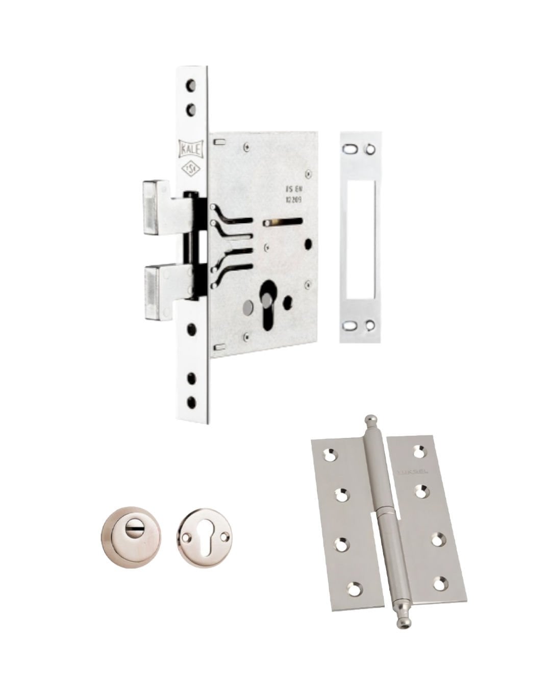 Kale Çelik Kapı Kilidi Champion Kancalı Plus 60 mm (68 mm Silindirli) + Kale Çelik Kapı Kilidi Silindir Rozeti Blisterli ve Yüksel Lüks Cumbalı Menteşe (103) Saten 10 Cm Hediyeli