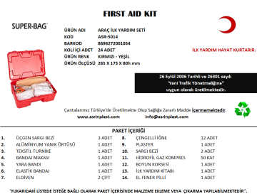 Asrın Acil Müdahale Çantası Araç İlk Yardım Seti Dolu - ASR-5014