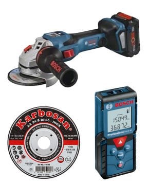 Bosch Akülü Avuç Taşlama Makinesi GWS 18V-15 SC (2 x 8,0 Ah Akü) (125 mm) + Paslanmaz Çelik (Inox) İnce Kesme Disk + Bosch Uzaklık Ölçer Lazerli GLM 40