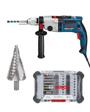 Bosch Darbeli Vidalama Matkabı GSB 21-2 RCT + Bosch Spiral Kanallı HSS 12 Kademeli Matkap Ucu + Bosch Aksesuar Profesyonel Vidalama Ucu Seti 43 Parça