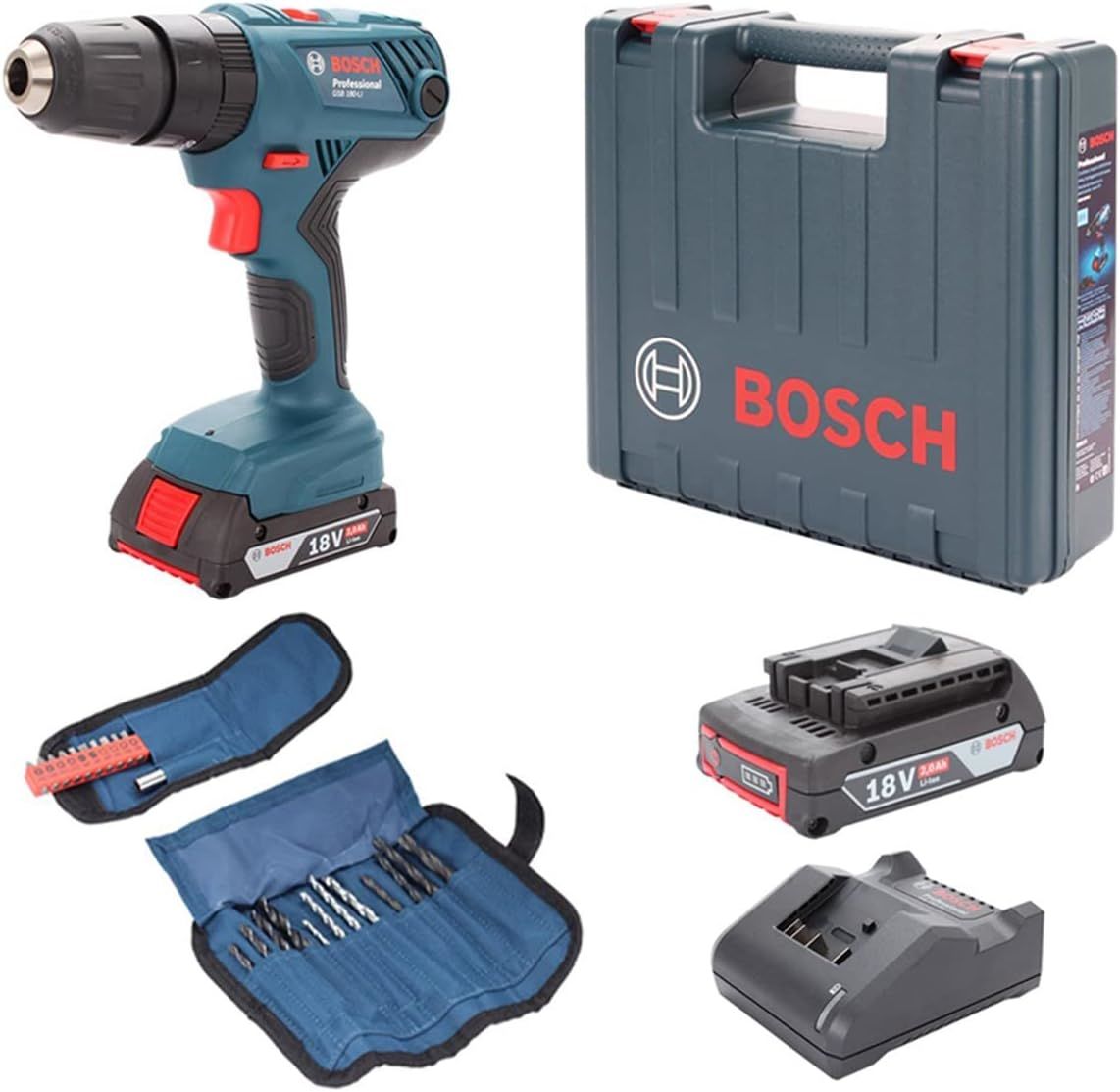 Bosch GSB 180-LI Akülü Darbeli Matkap 2 x 2,0 Ah Akü ve 23 Parça Aksesuar Seti - 06019F8308
