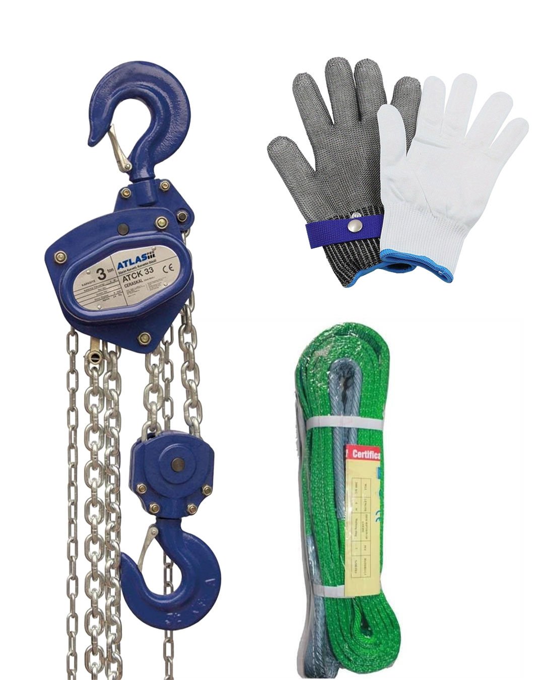 Atlas Pro 3 Ton 3 Mt Köşeli Ceraskal + POLYESTER SAPAN 2 TON 4 METRE (6:1) + Paslanmaz Kesilmez Çelik Eldiven XXL