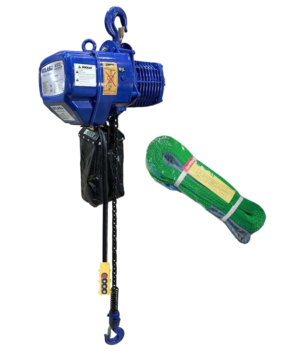 Atlas Pro 1 Ton 6 Mt Hızlı Elektrikli Zincirli Vinç + POLYESTER SAPAN 2 TON 5 METRE (6:1)