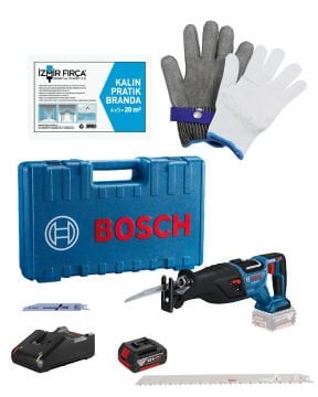 Bosch Akülü Panter Testere Makinesi GSA 185-LI (1 x 5,0 Ah Akü) + Bosch Panter Testere Bıçağı 300 mm (5 Adet Gıda kesimine uygun) + Paslanmaz Kesilmez Çelik Eldiven XXL + İzmir Fırça Kalın Pratik Branda 20 m²