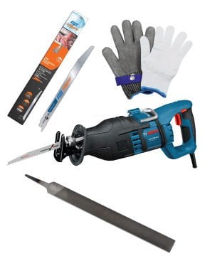 Bosch Panter Testere Makinesi GSA 1300 PCE + Norton Panter Testere Bıçağı (Et Kesimine Uygun) + Eğe Kalın 10 İnç + Paslanmaz Kesilmez Çelik Eldiven XXL