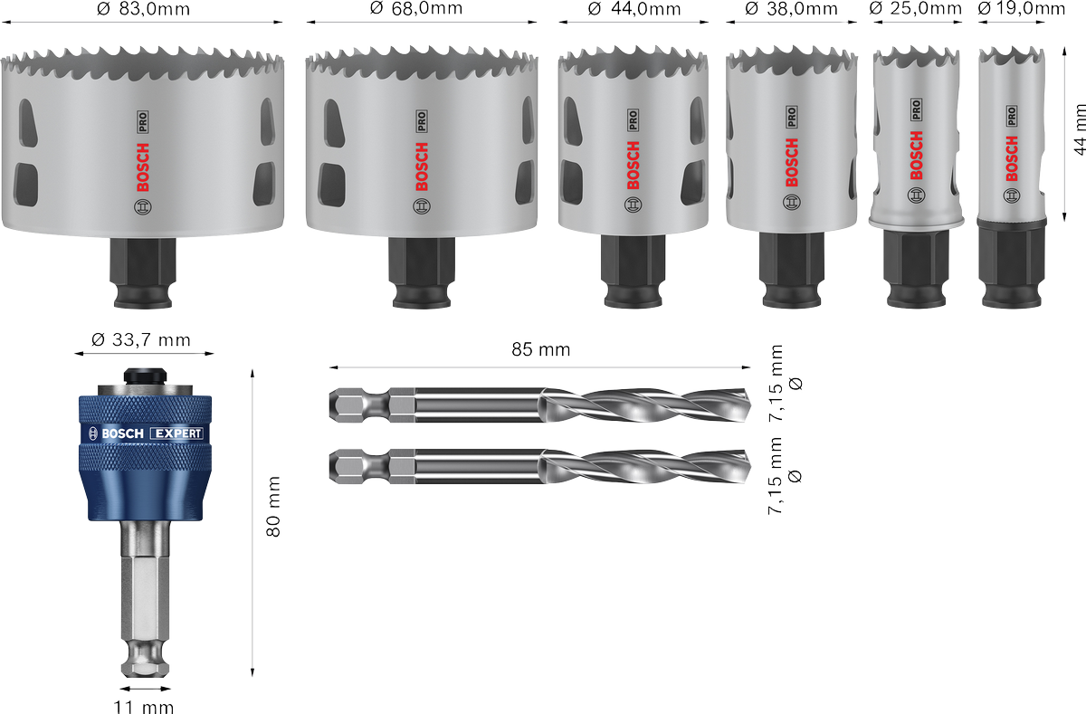 Bosch Aksesuar PRO Multi Material PC-Plus Delik Açma Testeresi Set 9 Parça (19-25-38-44-68-83 mm Çap / 44 mm Yükseklik)