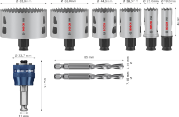 Bosch Aksesuar PRO Multi Material PC-Plus Delik Açma Testeresi Set 9 Parça (19-25-38-44-68-83 mm Çap / 44 mm Yükseklik)