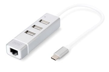 Assmann Digitus 3 Port Usb Tip C Hub Fast Ethernet Lan Adaptörü, 3 X Usb A/Diş (Usb 2.0), 1 X Rj45 Dişi (10/100), 1 X Usb Tip C (Bilgisayar Bağlantısı), Alüminyum