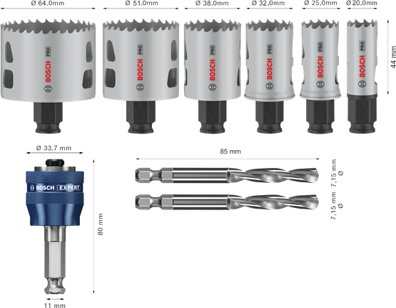 Bosch Aksesuar PRO Multi Material PC-Plus Delik Açma Testeresi Set 9 Parça (20-25-32-38-51-64 mm Çap / 44 mm Yükseklik)