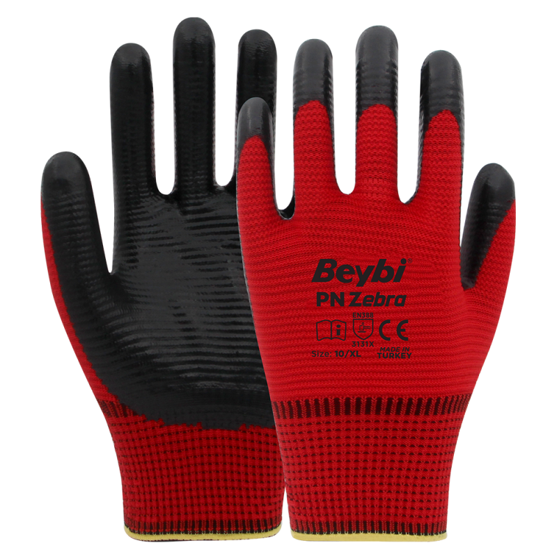 Beybi PN Zebra Yarı Nitril Kaplı Örgü Polyester Eldiven Siyah/Kırmızı No 10