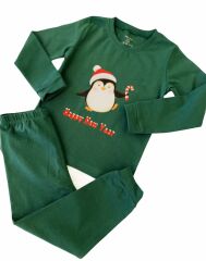 Yeni Yıl Konseptli Yeşil Penguen Pijama Takımı