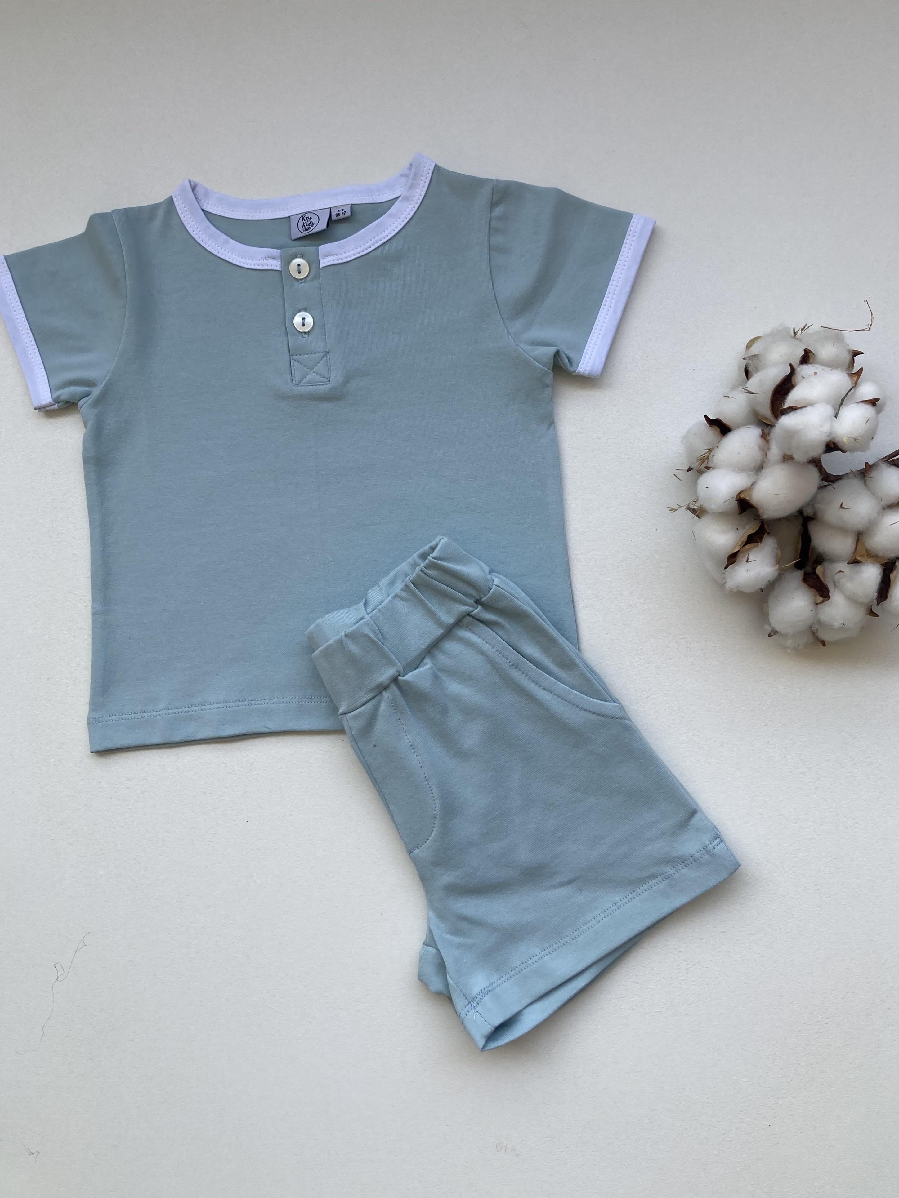 Soft Mavi Düğmeli Tshirt Şortlu Takım %100 Pamuk Tşört