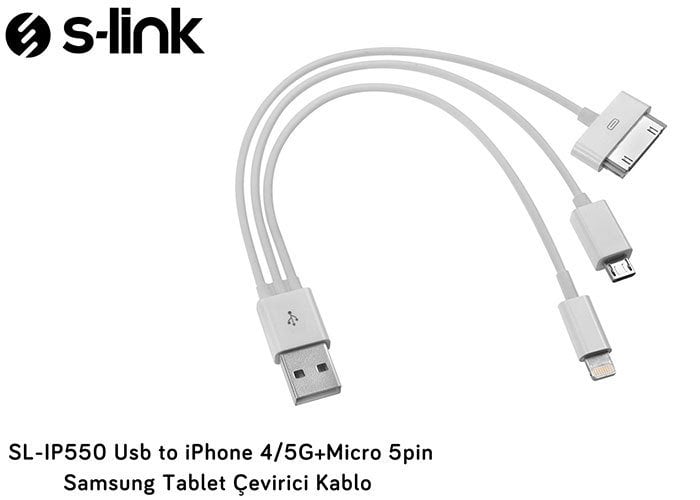 S-link SL-IP550 Usb to iPhone 4/5G+Micro 5pin (2 Adet)