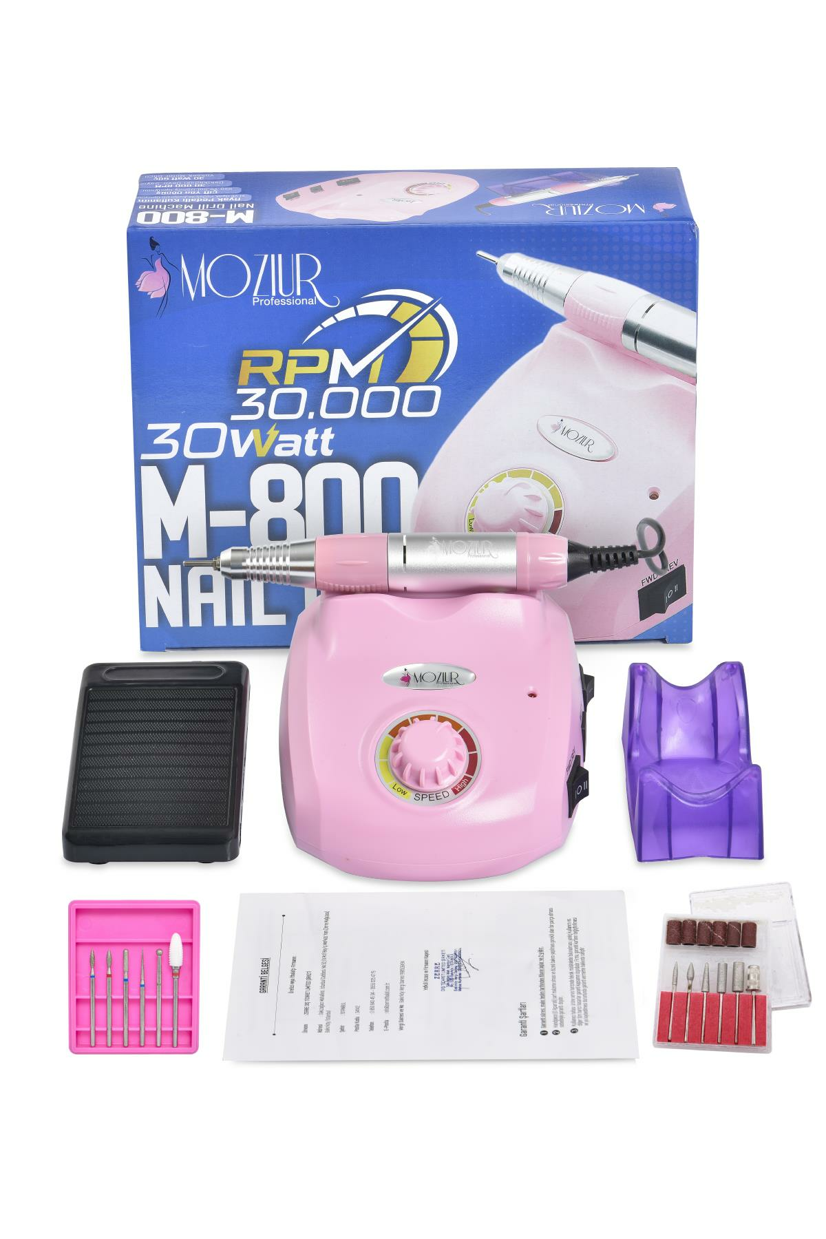 MOZIUR M-800 Elektrikli Tırnak Törpüsü Makinesi 30W 30.000 RPM - Pembe