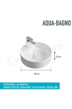 Aqua Bagno ''Bianzo'' Tezgah Üstü Lavabo, Batarya Delikli, 42 Cm Beyaz