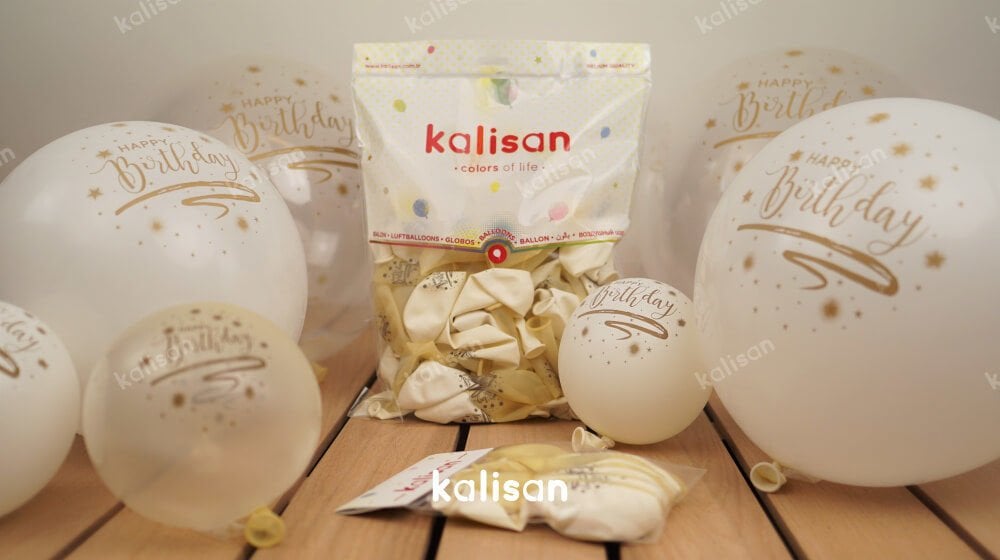 Kalisan 12'' Happy Birthday Beyaz - Şeffaf Üzeri Gold Baskılı Balon 25'li