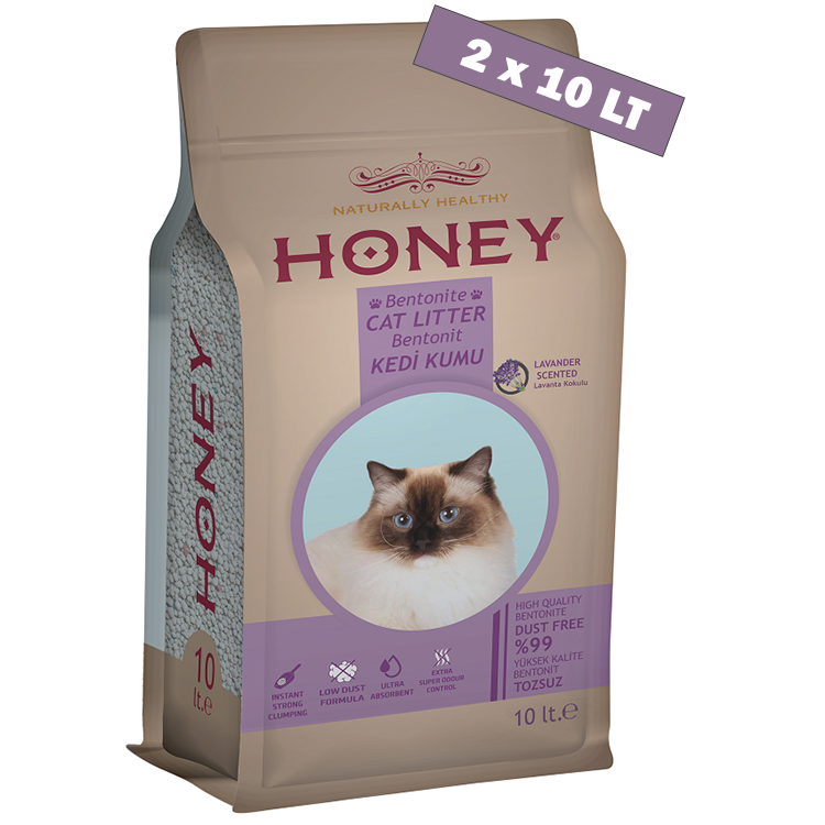 Honey Lavanta Kokulu Topaklaşan Doğal Bentonit Kedi Kumu 10 Lt (2 Adet)