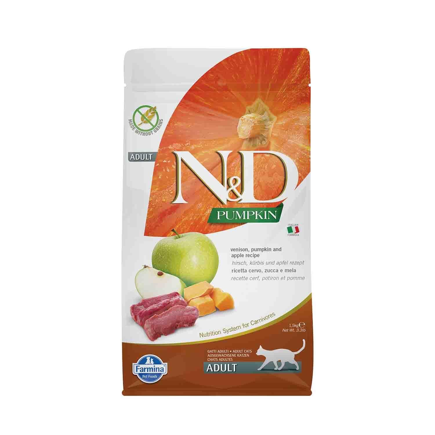 N&D Pumpkin Tahılsız Geyik Etli Bal Kabaklı ve Elmalı Yetişkin Kedi Maması 1.5 Kg