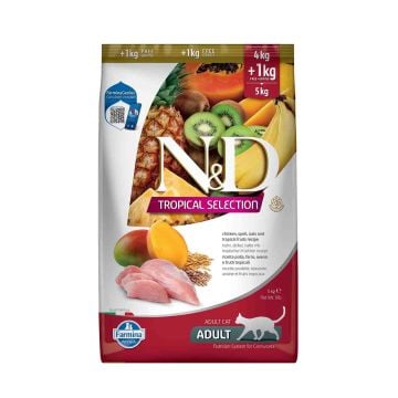ND Tropical Selection Düşük Tahıllı Tavuklu ve Tropikal Meyveli Yetişkin Kedi Maması 4+1kg Hediyeli!