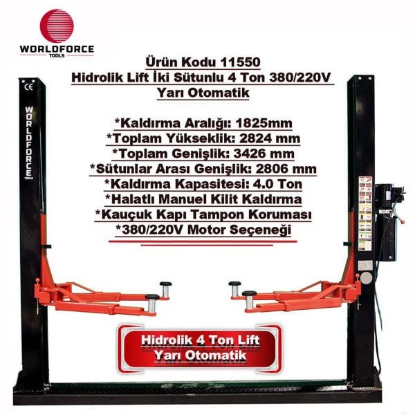 Hidrolik Lift İki Sütunlu 4 Ton 380/220V Yarı Otomatik