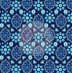 Mavi Çiçekli İkat Desenli Kumaş
