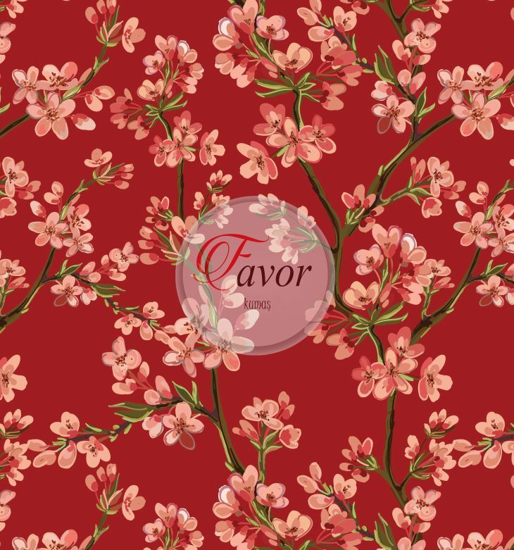 Kırmızı Kiraz Çiçeği Desenli Kumaş