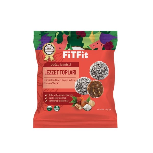 FitFit Hindistan Cevizi Kaplı Hurma Fındık Meyve Topları Glutensiz, Doğal Atıştırmalık 36gr X 15 ADET