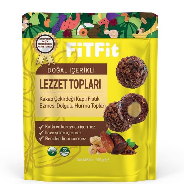 FitFit Kakao Çekirdeği Kaplı Fıstık Ezmesi Dolgulu Hurmalı Meyve Topları Glutensiz, Doğal Atıştırmalık 100GR X 5 ADET