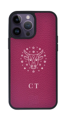 iPhone Uyumlu Deri Kılıf Burçlar-Boğa-Fuşya