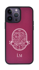 iPhone Uyumlu Deri Kılıf Burçlar-Kova-Fuşya-Aquarius